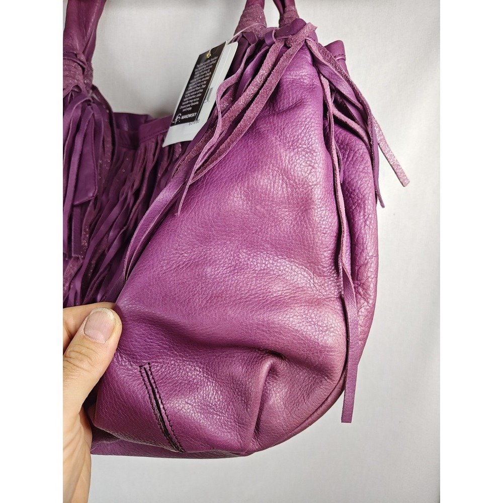 B. Makowsky Cabernet Purple Leather Fringe Tote Bag Hobo Purse NWT A212792 - Picture 8 of 16